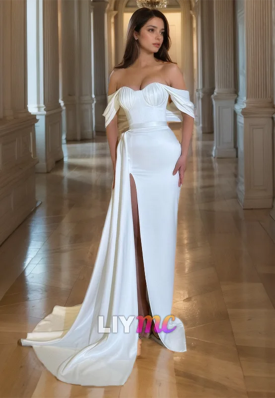 illusion sleeve prom dressesOff-Shoulder Straples Sleek Side Slit White Prom Formal Dress