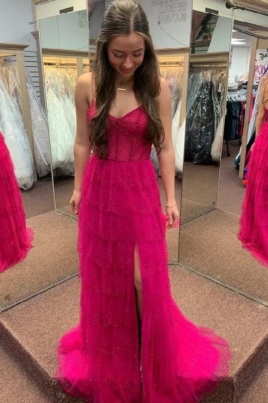 prom dresses with illusion panelsFuchsia Beaded Layers Spaghetti Straps Long Prom Dress     S5140