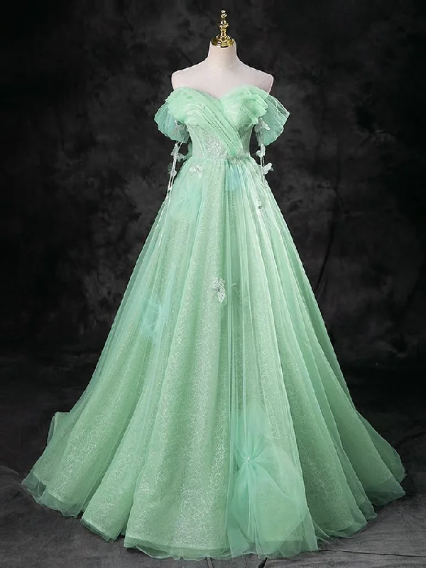 prom dress accessoriesGreen A-Line Off Shoulder Tulle Long Prom Dress, Green Long Formal Dress      S5391