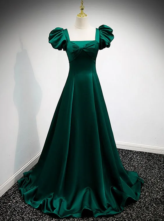 prom dress try-on ideasGreen Satin Square Puff Sleeve Pleats Prom Dress       S5314