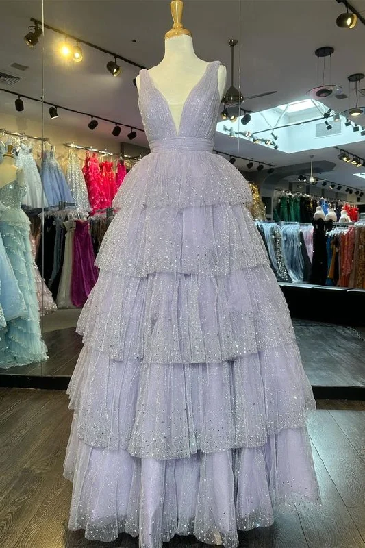 prom dress accessoriesLavender Tulle Sequin V-Neck Ruffle Tiered Long Prom Dress      S5192