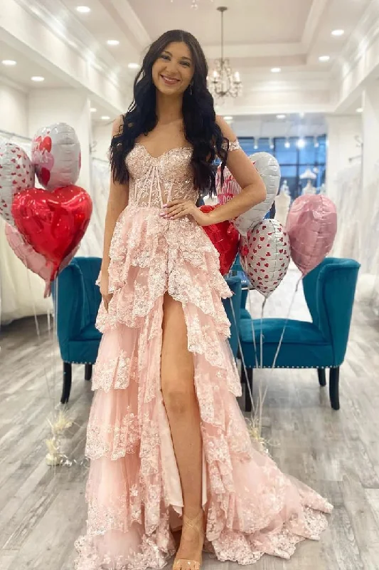 ready-to-wear prom dressesPink A-Line Off The Shoulder Tiered Prom Dress      S5161