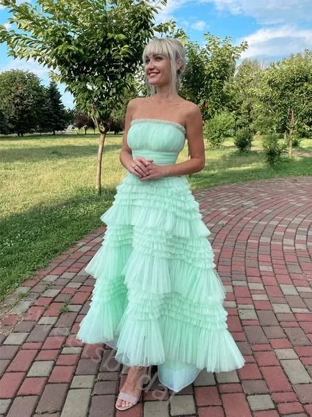 mini prom dressesSexy Strapess Sleeveless Ruffle A-line Floor length Prom Dress    S5158