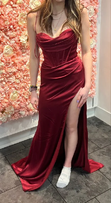 halter neck prom dressesSpaghetti Straps Sheath Burgundy Long Prom Dress With Slit       S5297