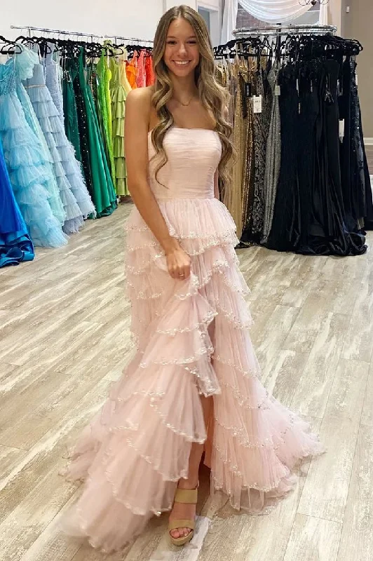 lace-up prom dressesStrapless Layered Tulle Prom Dress with Sequins     S5156