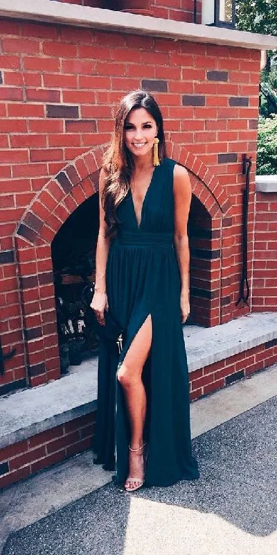 classic prom dressesStylish A-Line Deep V Neck Navy Blue Chiffon Long Prom Dresses With Side Split      S5131