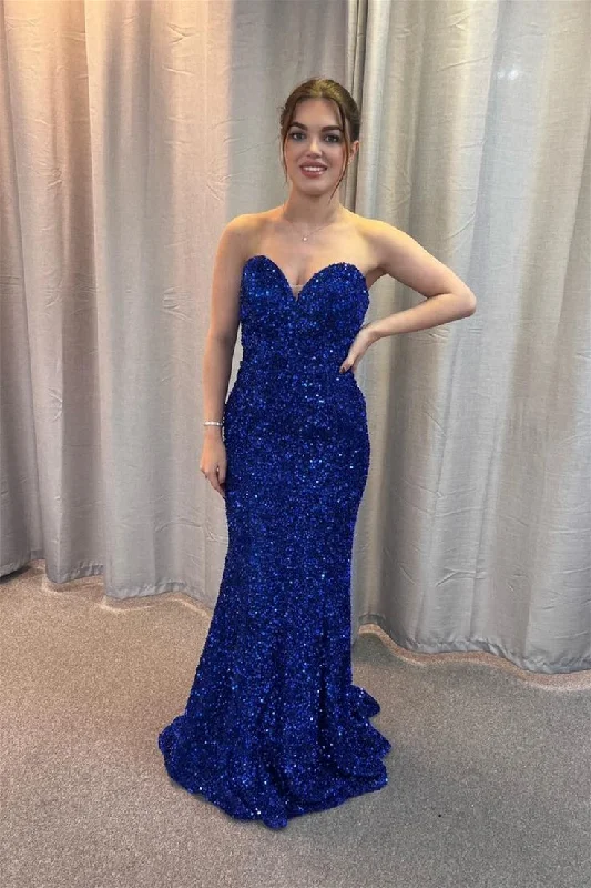 prom dresses with beaded accentsSweetheart Royal Blue Sequin Mermaid Long Prom Dress with Lace Up Back       S5321