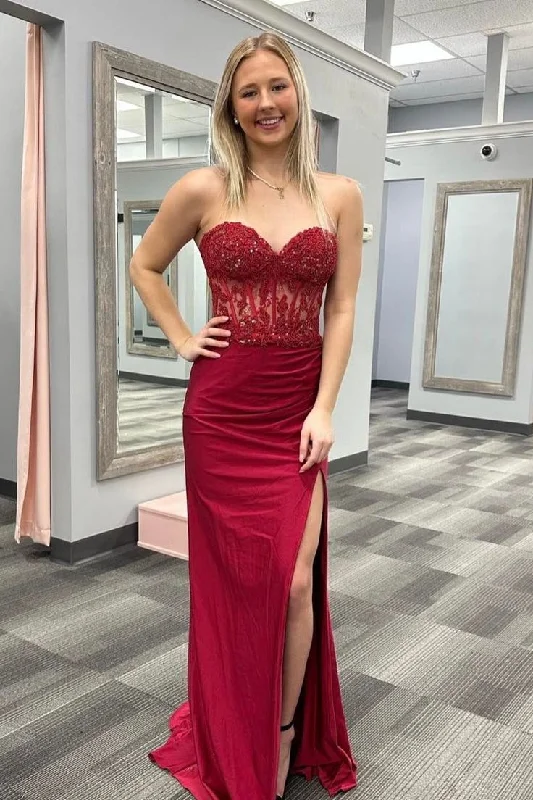 prom dresses for winterWine Red Strapless Mermaid Appliques Long Prom Dress with Slit      S5138